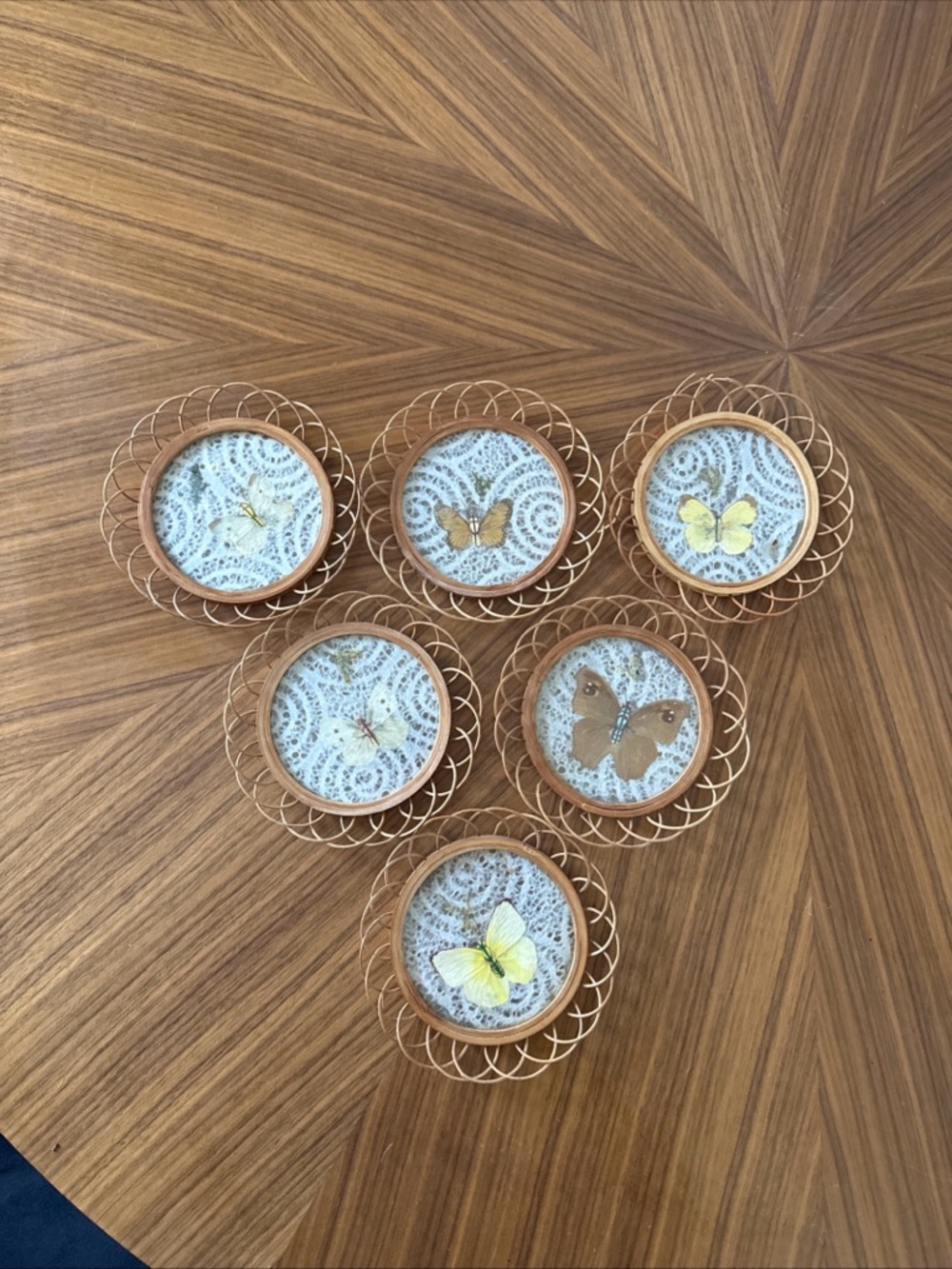 Set of 6 Round Butterfly Coasters in Natural Wood and Yellow Accents Vintage